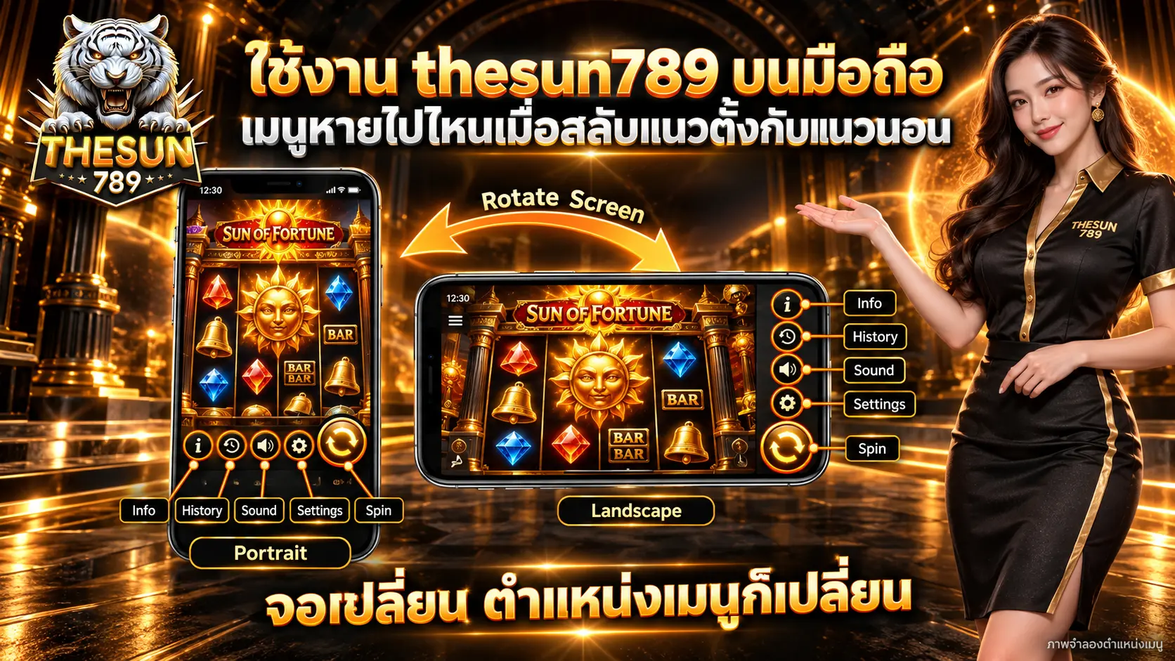 ใช้งาน thesun789 บนมือถือ เมนูหายไปไหนเมื่อสลับแนวตั้งกับแนวนอน